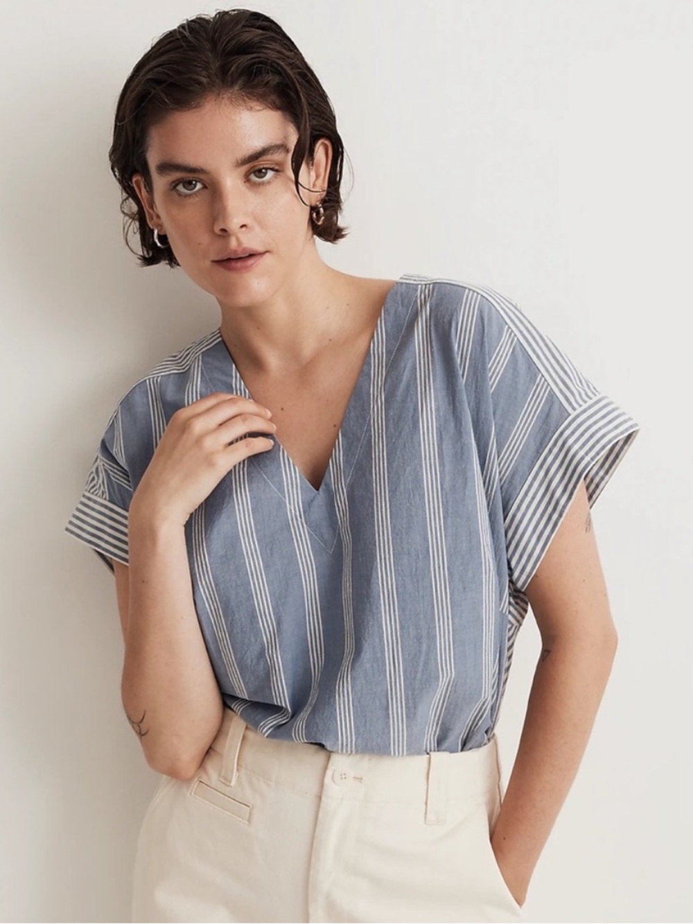 Madewell Blue and White Stripe Crinkle Cotton Boxy Short Sleeve Top Size M
